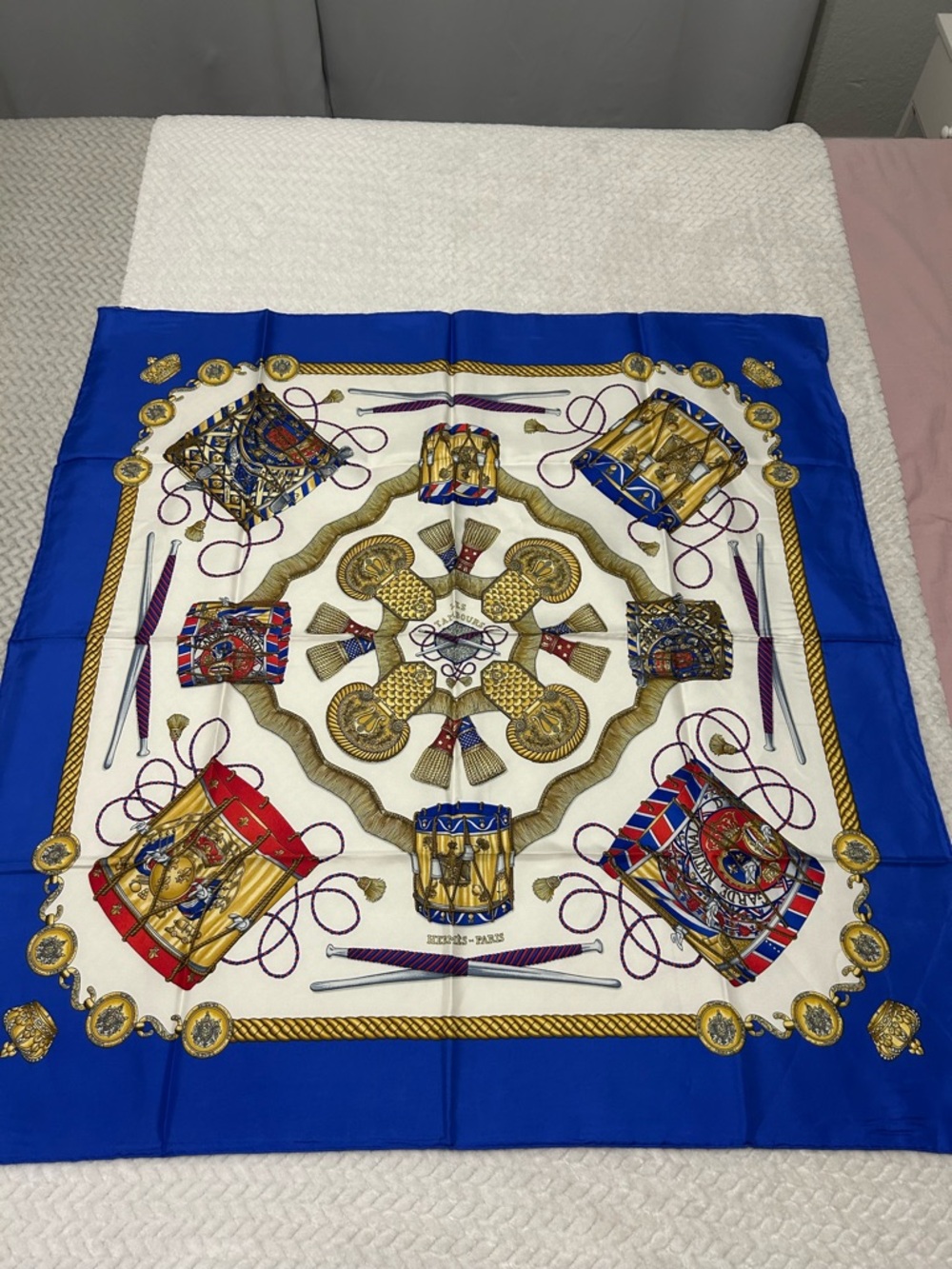 Hermès - Blue & Multicolor 'Les Tambours' Silk Scarf 90